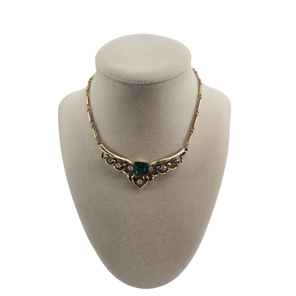 Coro Bib Necklace Women OS Art Deco Revival Gold Green Rhinestone EUC